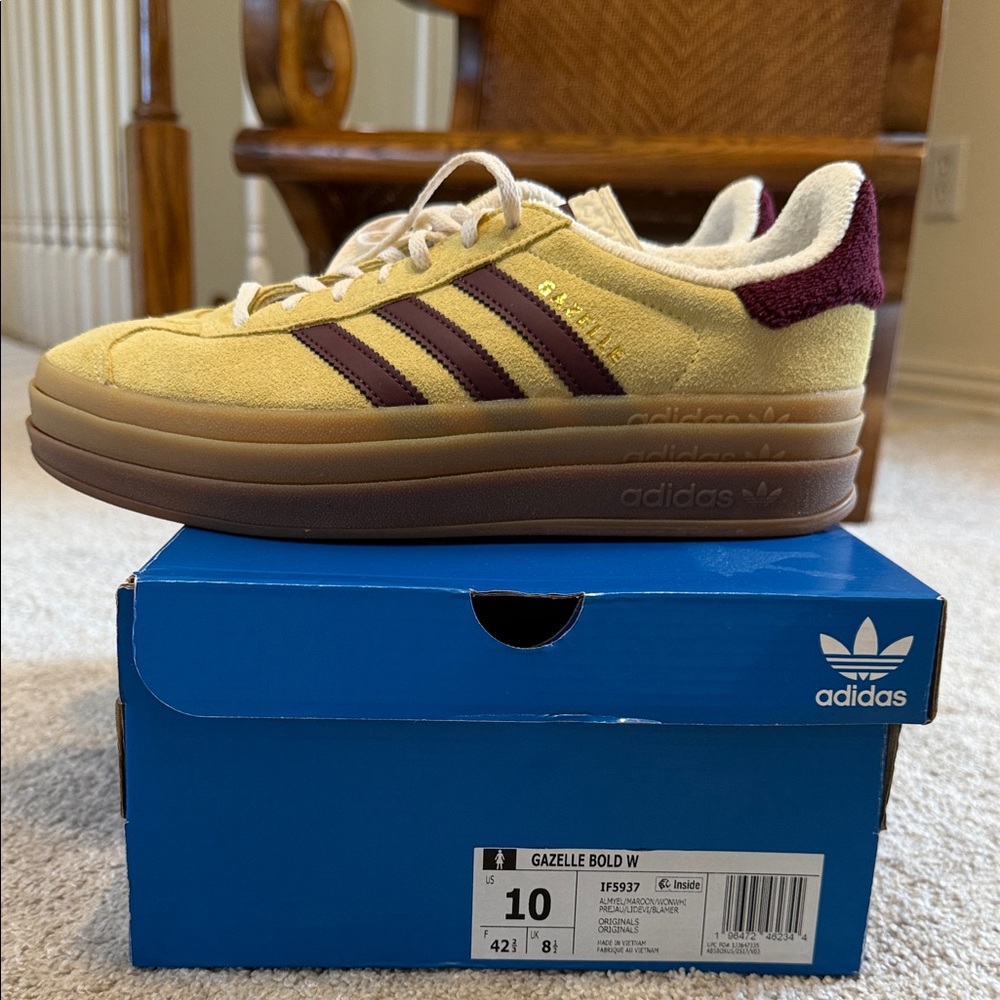 Adidas Women's Gazelle Bold Athletic Shoes in Yellow and Burgundy